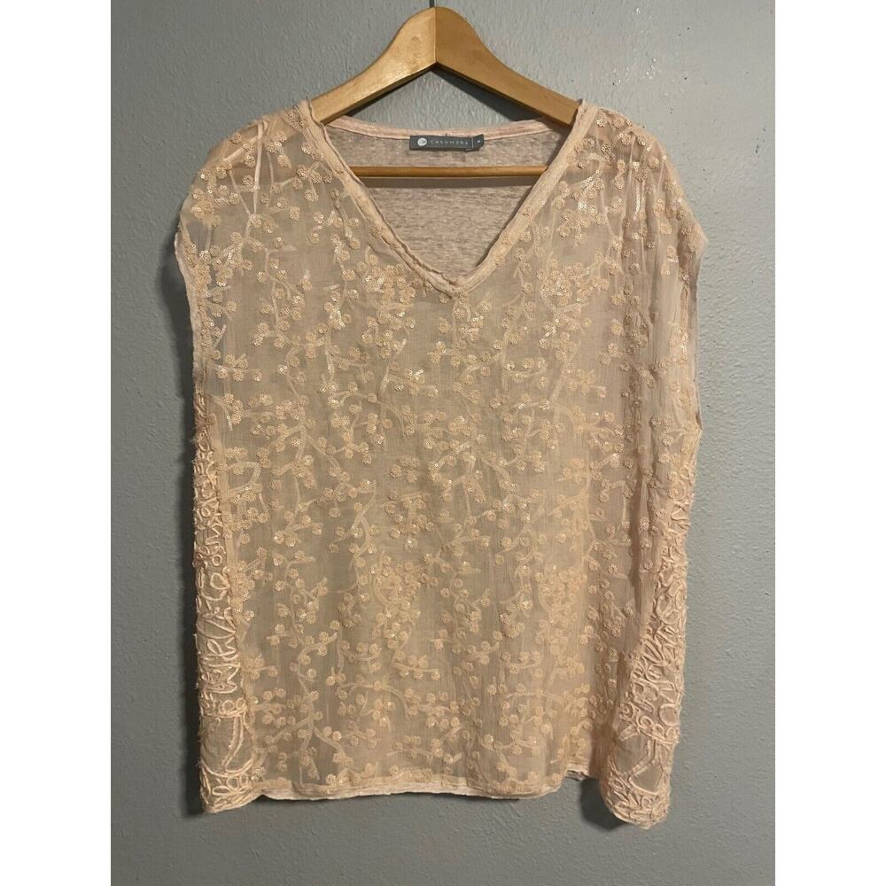 in Cashmere Womens Top Medium Pink Silk Georgette Linen Blend Sequin Sheer Fairy